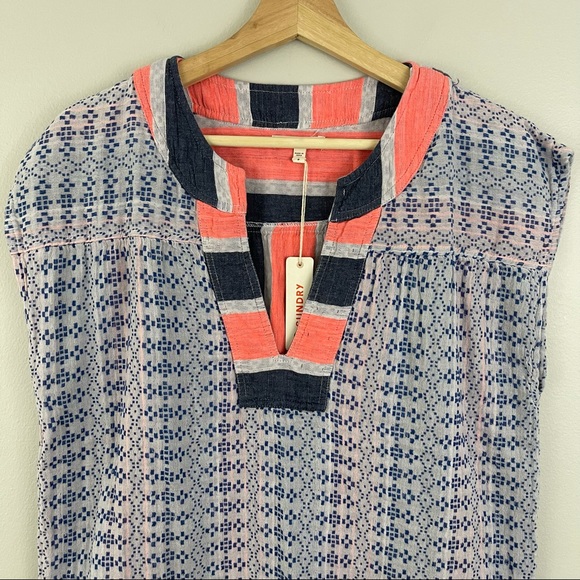 SUNDRY Coral Pink Blue Grey Colorblock Stitch Geo-Stripe Tunic Top NEW - Picture 3 of 11